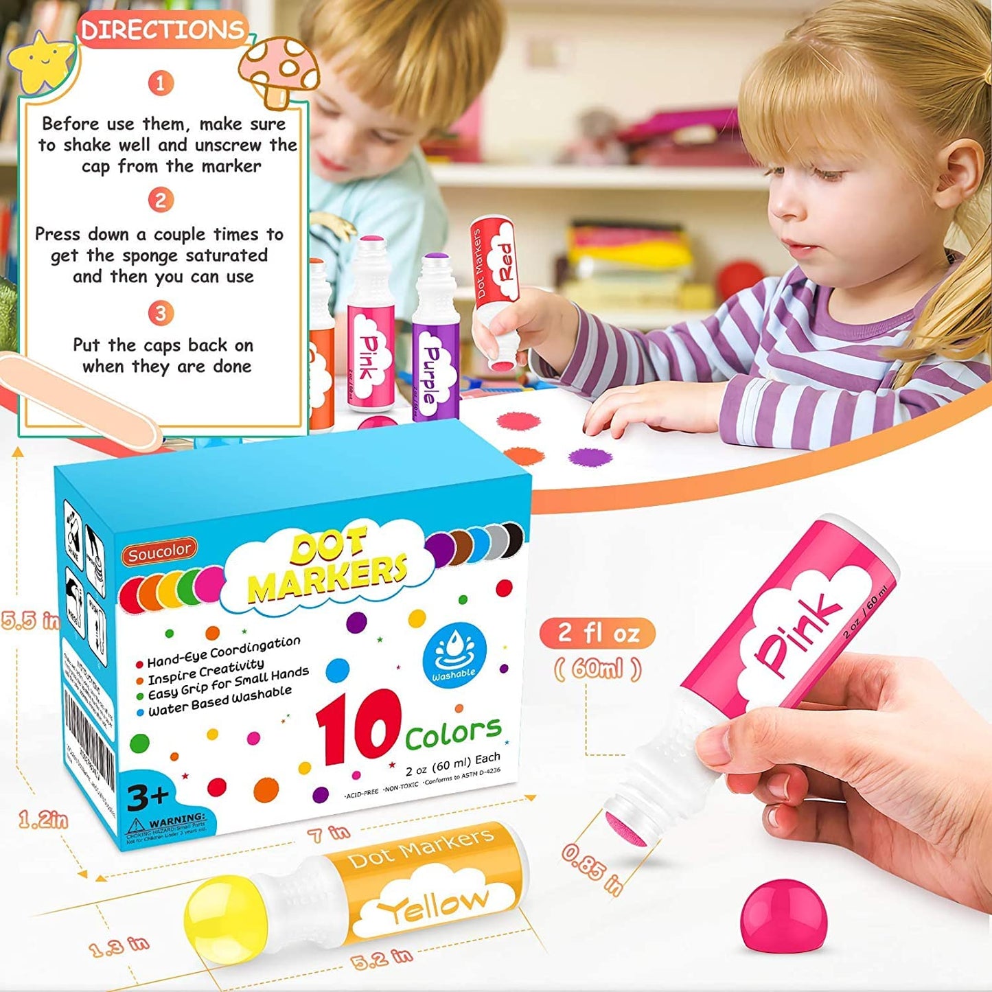 Dot Markers for Toddlers Kids Preschool, Washable, 8 Colors