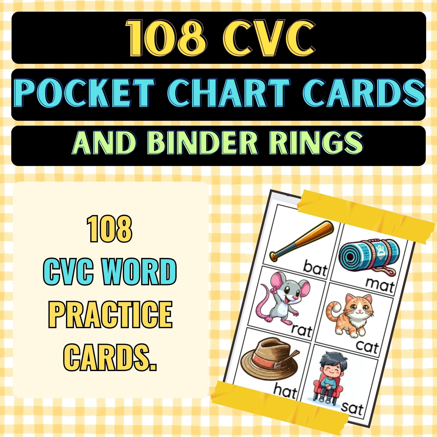 108 CVC Pocket Chart Cards and Binder Rings