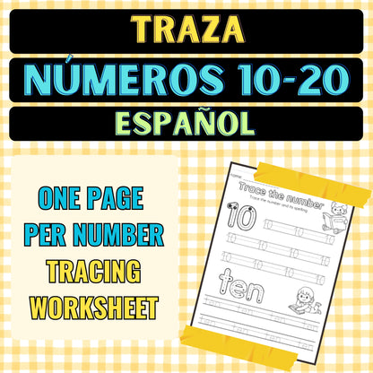 Trace Numbers 10-20 Worksheets in Spanish (¡Español!)