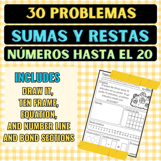 30 Addition & Subtraction Problems in Spanish (¡Español!)